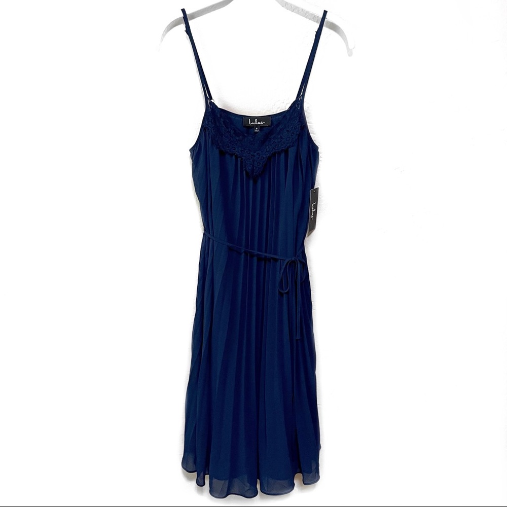NWT Lulus In Celebration Navy Blue Pleated Waist Tie Midi Dress - S